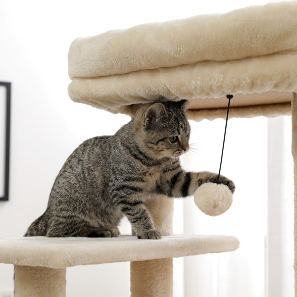 米色多层猫台带有宽敞猫窝，顶部躺窝和吊床，多层跳跃平台，剑麻猫抓柱和吊球，适合中小型猫锻炼和休息-6