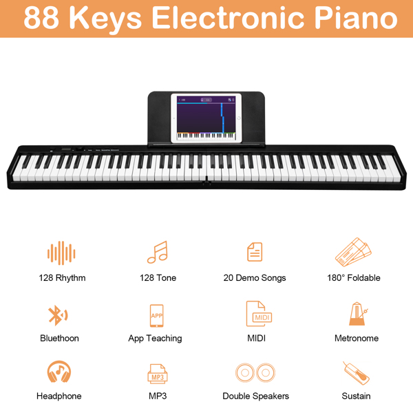 【AM不售卖】Glarry GPP-103 便携式可折叠半重锤键盘 电钢琴 智能蓝牙 黑色 88键-3