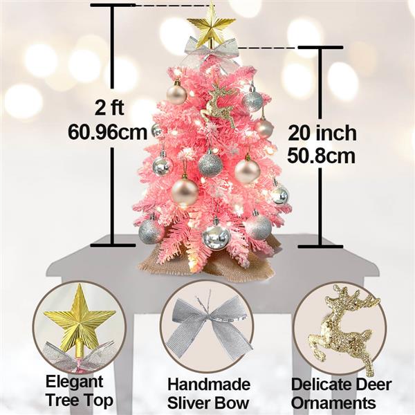 植绒粉色圣诞树带LED灯 24英寸 带精美装饰品-5