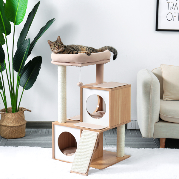 米色木制多层猫台带有2个豪华猫窝，宽敞的躺窝，剑麻抓柱，坡道，猫互动玩具晃球-1