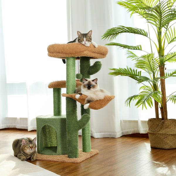 仙人掌系列猫台带有1个舒适的猫窝，宽敞的顶部躺窝，吊床，剑麻猫抓柱和吊球，适合中小型猫锻炼休息-5