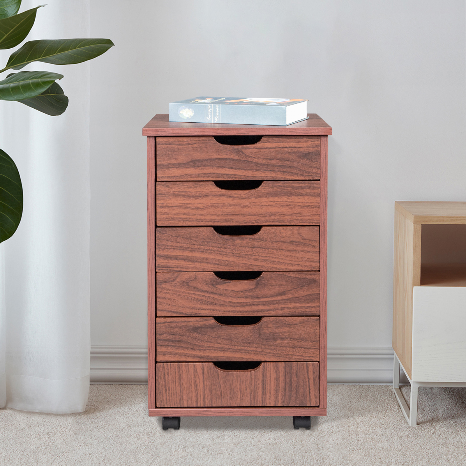 Six Drawers MDF With PVC Wooden Filing Cabinet Dark Walnut Color