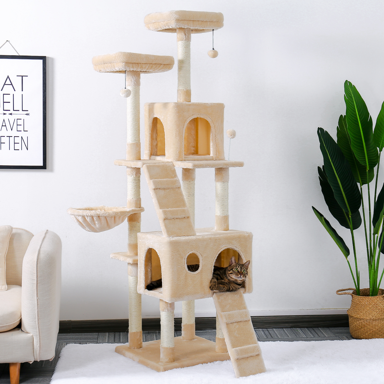 Cat Tree With Scratching Posts,Deluxe Kitten Play House with 2 Condos Natural Sisals Kitty Climber Tower Furniture Beige