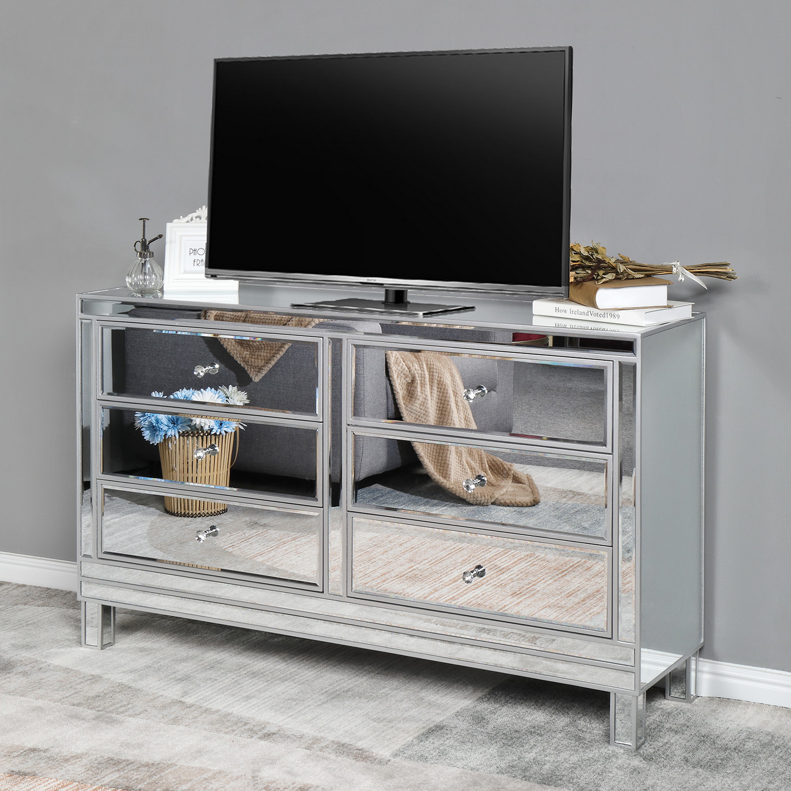 FCH Brand Unique Mirrored Glass TV STAND with 6 Drawers