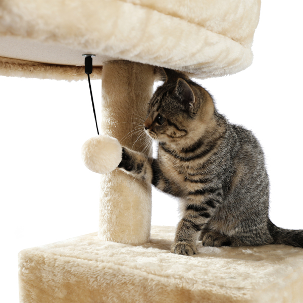 米色多层猫台带有舒适猫窝，顶部躺窝和吊床，剑麻猫抓柱和毛绒吊球，适合中小型猫锻炼，休息-6