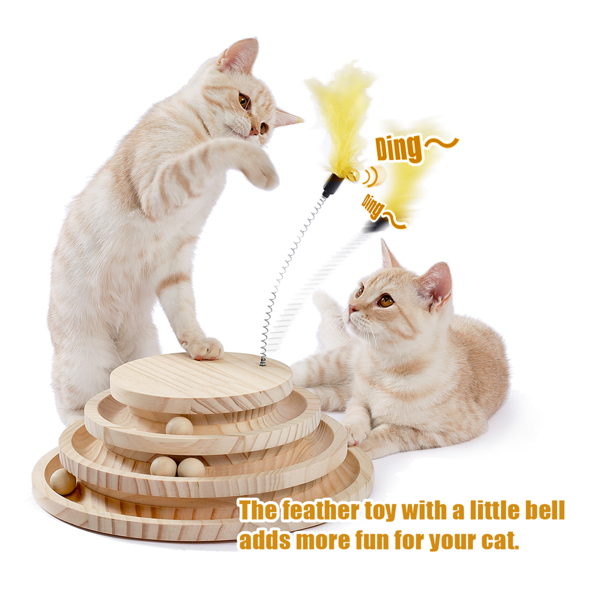 米色三层木质猫转盘带有小铃铛的羽毛玩具，猫互动木质小球玩具-4