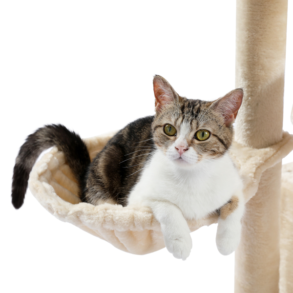 米色多层猫台带有宽敞猫窝，顶部躺窝和吊床，多层跳跃平台，剑麻猫抓柱和吊球，适合中小型猫锻炼和休息-8