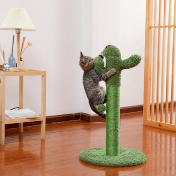 绿色仙人掌猫抓柱带有猫互动玩具毛绒吊球，适合小型猫玩耍锻炼