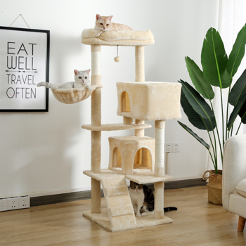 米色多层猫台带有2个舒适猫窝，顶部躺窝和吊床，剑麻猫抓柱和毛绒吊球，适合中小型猫锻炼，休息