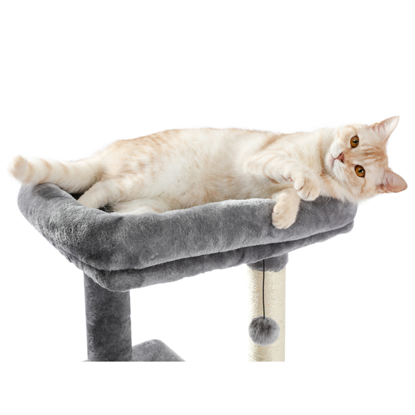 灰色多层猫台带有宽敞猫窝，顶部躺窝和吊床，多层跳跃平台，剑麻猫抓柱和吊球，适合中小型猫锻炼和休息-5