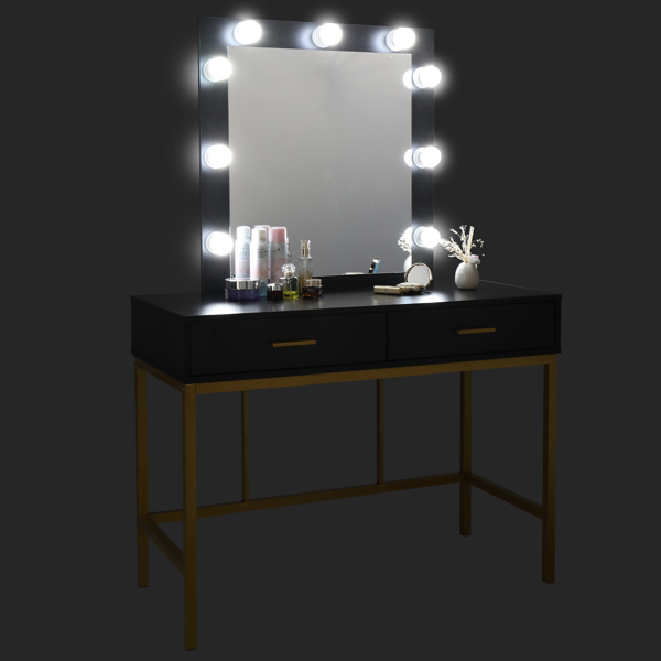 梳妆桌-铁框架带灯泡两抽单方镜轻奢风- 密度板贴三胺-黑色（不含凳）-9