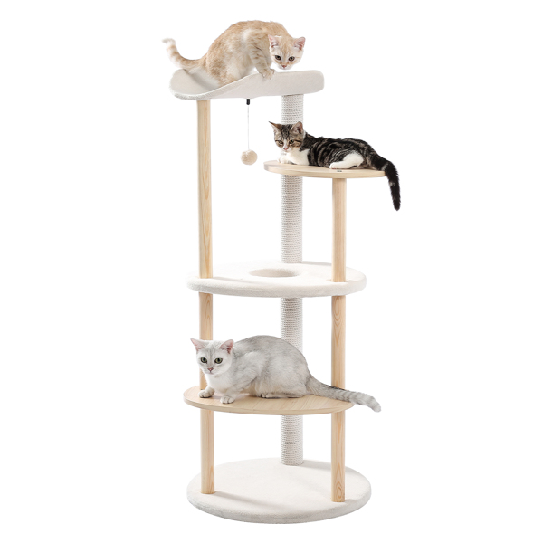 米色复式猫台带有顶部躺窝，剑麻猫抓柱，多层跳跃平台和毛绒吊球-2