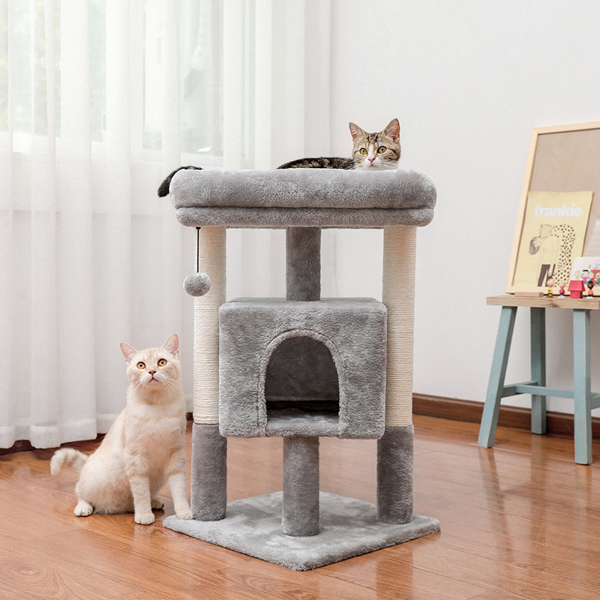 米色小型猫台带有温暖舒适的猫窝，宽敞的顶部躺窝，剑麻猫抓柱和毛绒吊球，适合小型猫锻炼，休息-2