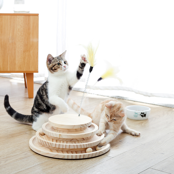 米色三层木质猫转盘带有小铃铛的羽毛玩具，猫互动木质小球玩具-2