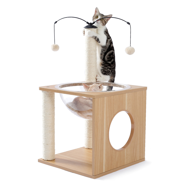 米色猫台带有透明躺窝，剑麻猫抓柱，和毛绒吊球，适合中小型猫娱乐，休息-2