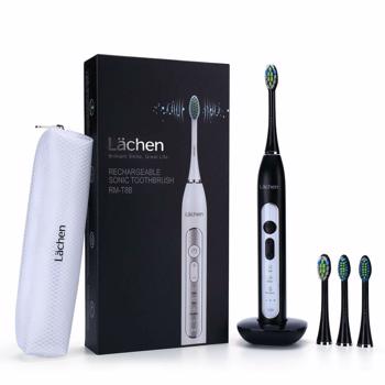 Lächen 电动牙刷声波牙刷，带 4 个刷头和计时器，3 种模式和 3 种振动级别，带旅行包（B-黑色）