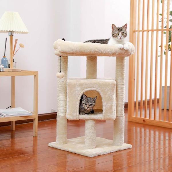 米色小型猫台带有温暖舒适的猫窝，宽敞的顶部躺窝，剑麻猫抓柱和毛绒吊球，适合小型猫锻炼，休息-1