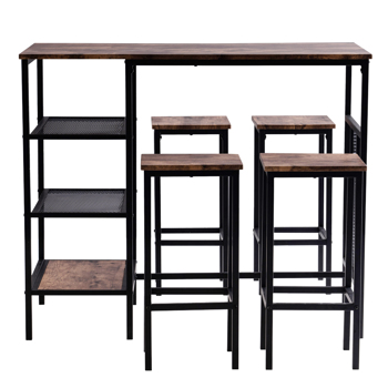 拆装 三层收纳层 P2板 铁 灰褐色木板面 黑色铁支架 餐桌椅套装 1桌4椅 长方形 N101