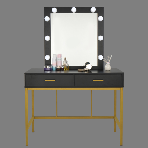 梳妆桌-铁框架带灯泡两抽单方镜轻奢风- 密度板贴三胺-黑色（不含凳）-15