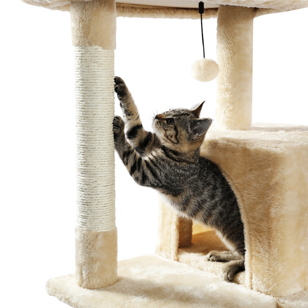 米色多层猫台带有舒适猫窝，顶部躺窝和吊床，剑麻猫抓柱和毛绒吊球，适合中小型猫锻炼，休息-8