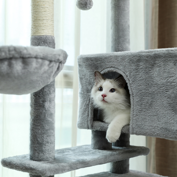 灰色多层猫台带有2个舒适猫窝，顶部躺窝和吊床，剑麻猫抓柱和毛绒吊球，适合中小型猫锻炼，休息-6