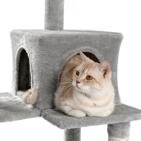 灰色多层猫台带有舒适猫窝，顶部躺窝和吊床，剑麻猫抓柱和毛绒吊球，适合中小型猫锻炼，休息（美国分销最低零售价USD 99.99，低于最低零售价不发货）-8