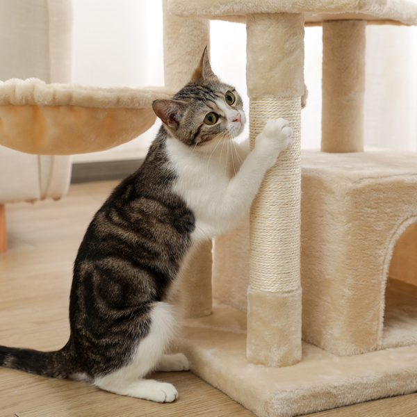 米色多层猫台带有宽敞猫窝，顶部躺窝和吊床，多层跳跃平台，剑麻猫抓柱和吊球，适合中小型猫锻炼和休息-5