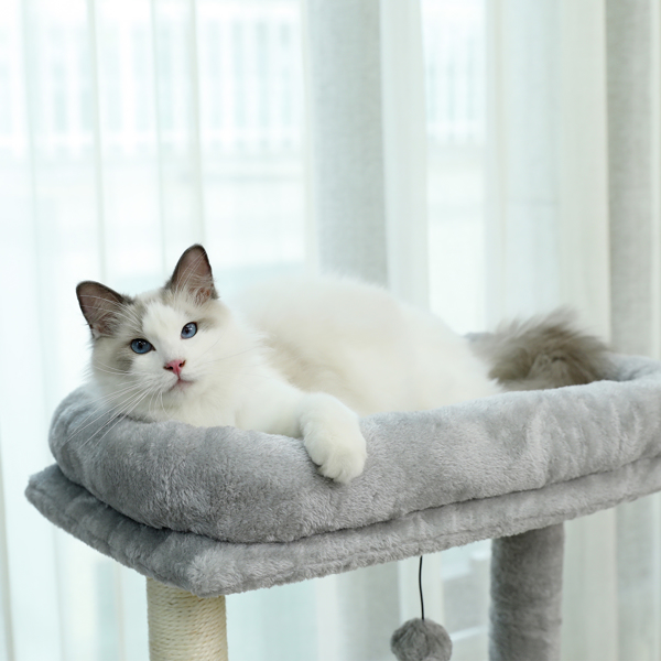 灰色多层猫台带有舒适猫窝，顶部躺窝和吊床，剑麻猫抓柱和毛绒吊球，适合中小型猫锻炼，休息（美国分销最低零售价USD 99.99，低于最低零售价不发货）-7