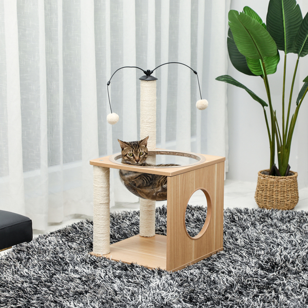米色猫台带有透明躺窝，剑麻猫抓柱，和毛绒吊球，适合中小型猫娱乐，休息-10