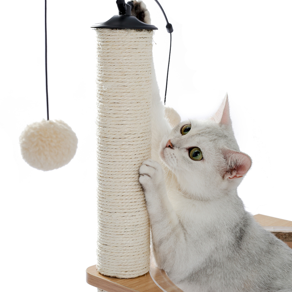 米色猫台带有透明躺窝，剑麻猫抓柱，和毛绒吊球，适合中小型猫娱乐，休息-8