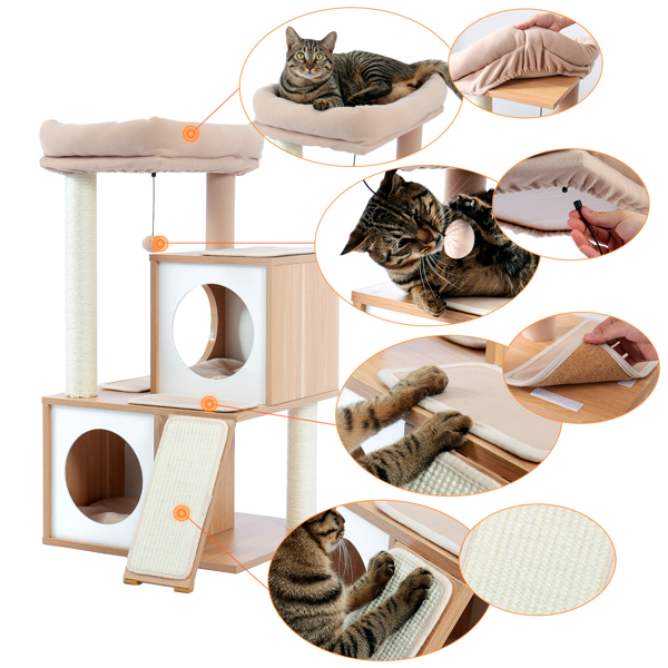 米色木制多层猫台带有2个豪华猫窝，宽敞的躺窝，剑麻抓柱，坡道，猫互动玩具晃球-9