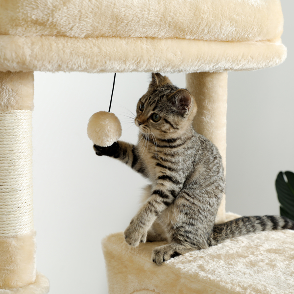 米色多层猫台带有2个舒适猫窝，顶部躺窝和吊床，剑麻猫抓柱和毛绒吊球，适合中小型猫锻炼，休息-7