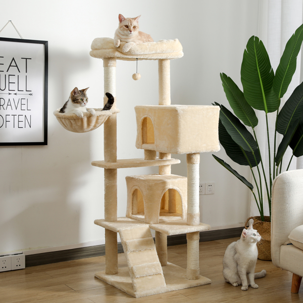 米色多层猫台带有2个舒适猫窝，顶部躺窝和吊床，剑麻猫抓柱和毛绒吊球，适合中小型猫锻炼，休息-5