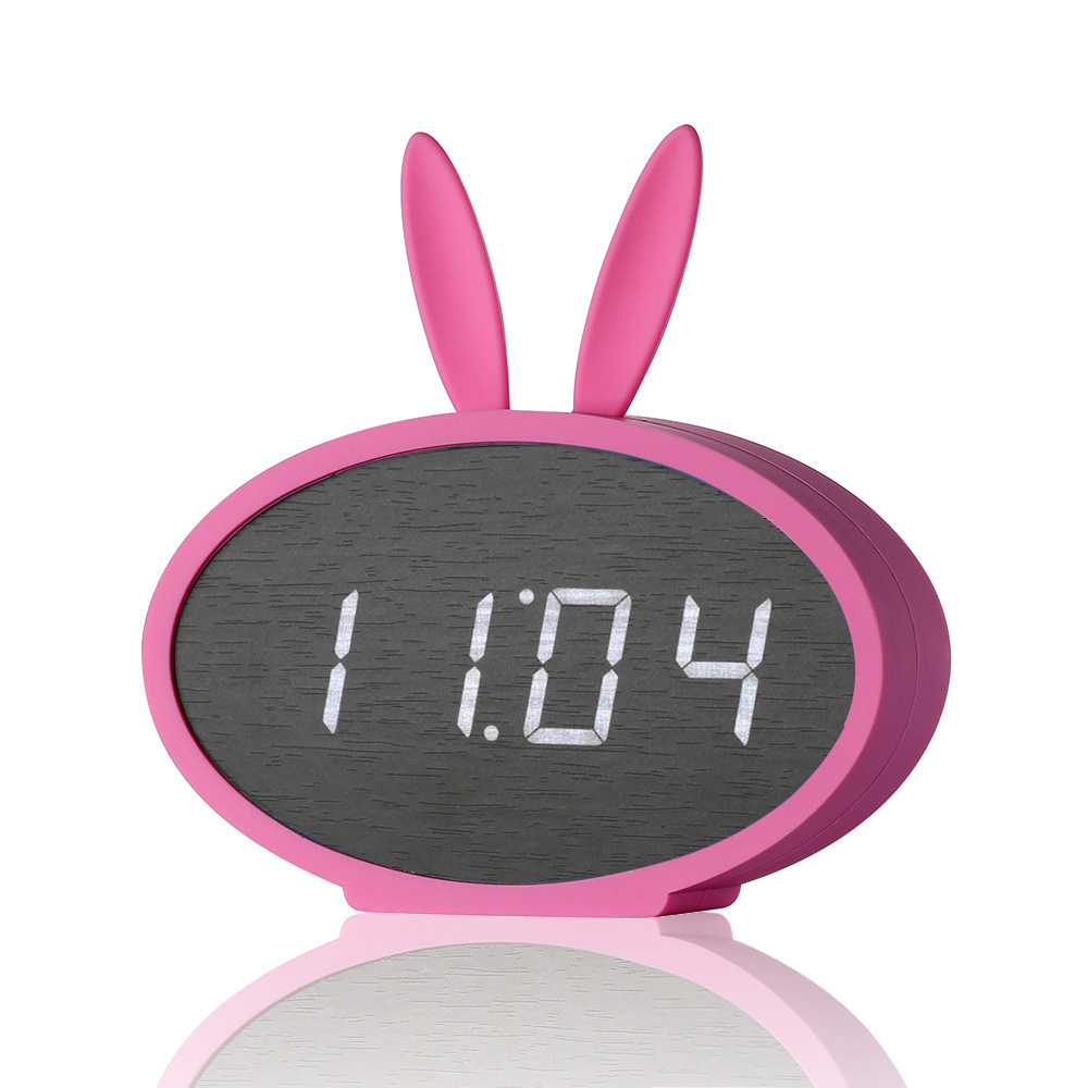 Cartoon Bunny Ears LED Wooden Digital Alarm Clock Voice Control Thermometer Display Pink