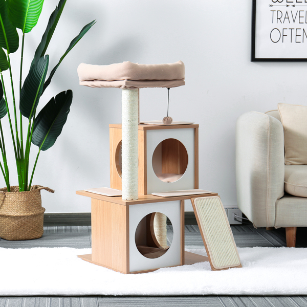 米色木制多层猫台带有2个豪华猫窝，宽敞的躺窝，剑麻抓柱，坡道，猫互动玩具晃球-5