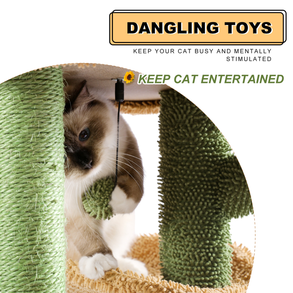 仙人掌系列猫台带有1个舒适的猫窝，宽敞的顶部躺窝，吊床，剑麻猫抓柱和吊球，适合中小型猫锻炼休息-10