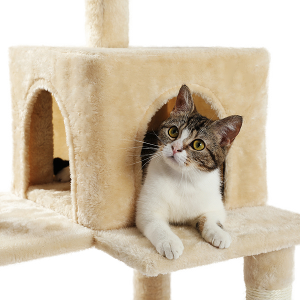 米色多层猫台带有舒适猫窝，顶部躺窝和吊床，剑麻猫抓柱和毛绒吊球，适合中小型猫锻炼，休息-7