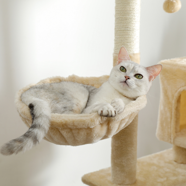 米色多层猫台带有2个舒适猫窝，顶部躺窝和吊床，剑麻猫抓柱和毛绒吊球，适合中小型猫锻炼，休息-8