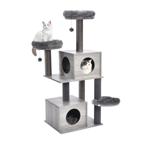灰色多层猫台带有2个宽敞舒适的猫窝，2个顶部躺窝和吊球，剑麻猫抓柱，适合猫休息，玩耍（周末无法发货，请谨慎下单）-2