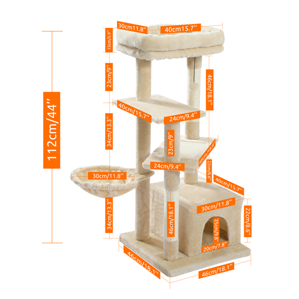 米色多层猫台带有宽敞猫窝，顶部躺窝和吊床，多层跳跃平台，剑麻猫抓柱和吊球，适合中小型猫锻炼和休息-4