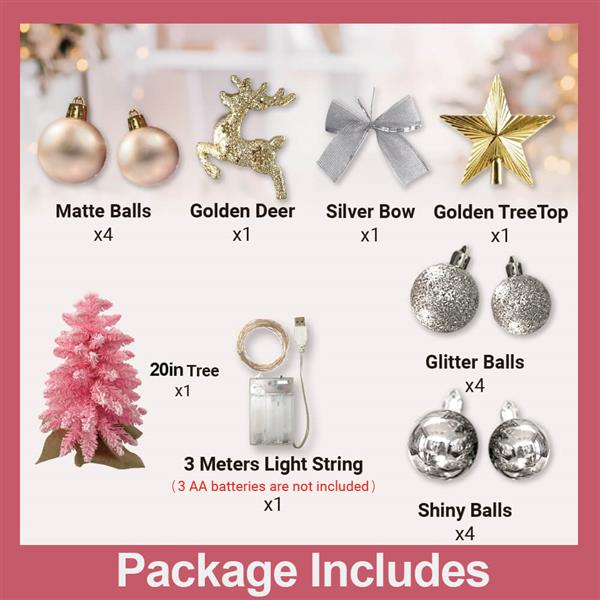 植绒粉色圣诞树带LED灯 24英寸 带精美装饰品-6