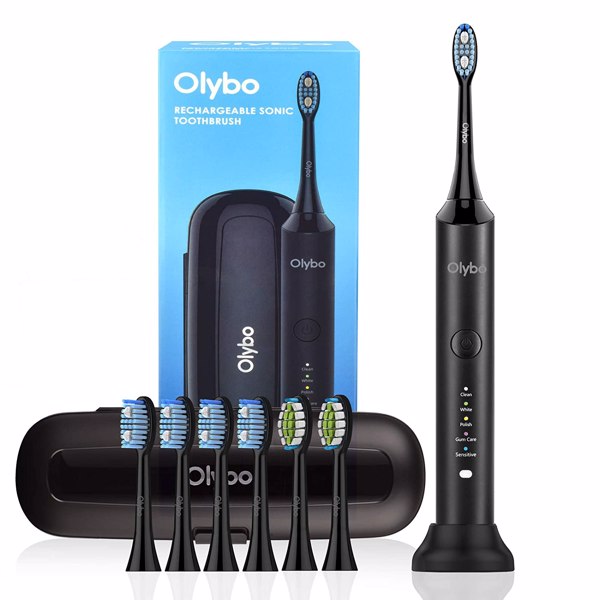 电动牙刷，Olybo 声波牙刷 5 清洁程序带旅行盒，6 个刷头可充电 IPX7 防水，黑色-1