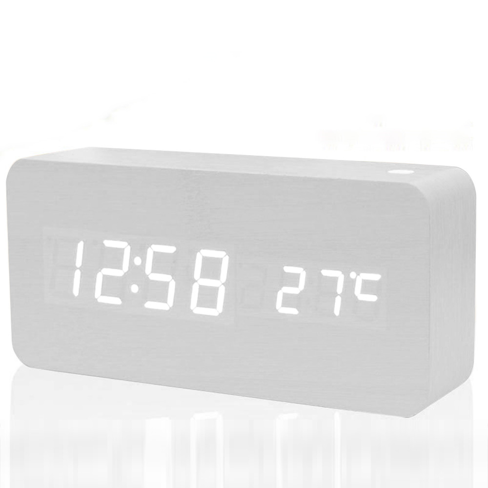 LED Wooden Digital Alarm Clock With USB Charging Ports White