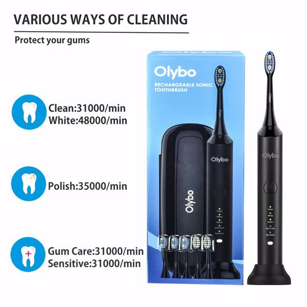 电动牙刷，Olybo 声波牙刷 5 清洁程序带旅行盒，6 个刷头可充电 IPX7 防水，黑色-2