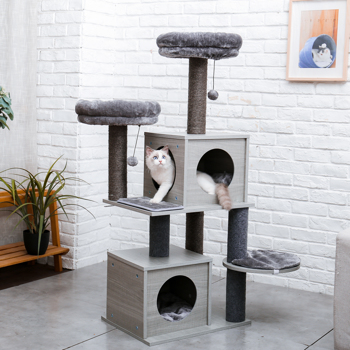 灰色多层猫台带有2个宽敞舒适的猫窝，2个顶部躺窝和吊球，剑麻猫抓柱，适合猫休息，玩耍