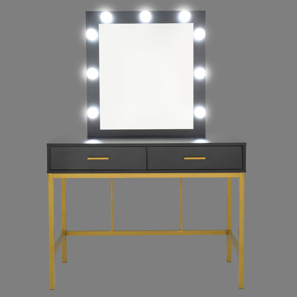 梳妆桌-铁框架带灯泡两抽单方镜轻奢风- 密度板贴三胺-黑色（不含凳）-12