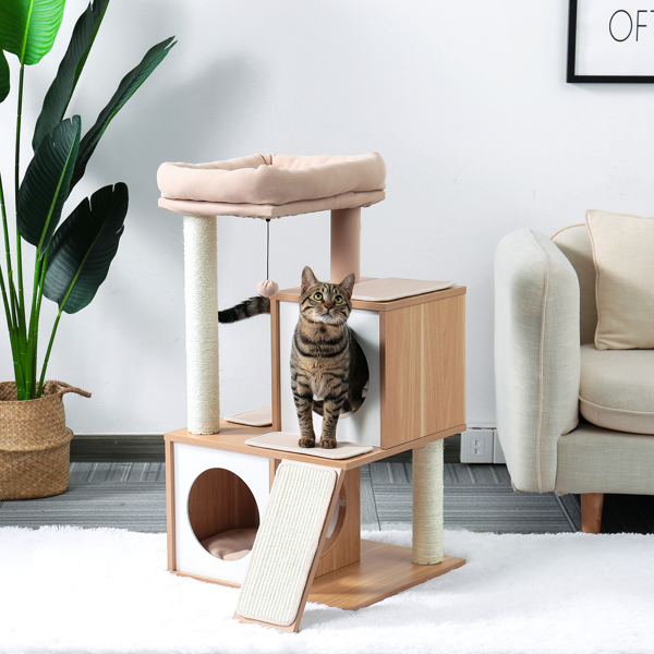 米色木制多层猫台带有2个豪华猫窝，宽敞的躺窝，剑麻抓柱，坡道，猫互动玩具晃球-10
