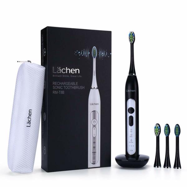 Lächen 电动牙刷声波牙刷，带 4 个刷头和计时器，3 种模式和 3 种振动级别，带旅行包（B-黑色）-1