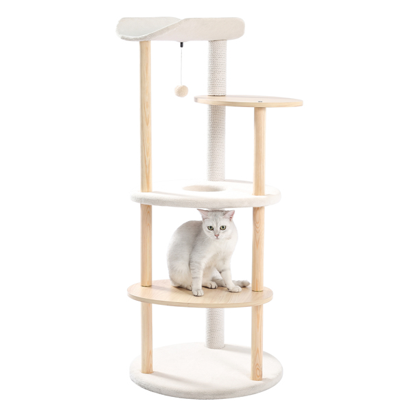 米色复式猫台带有顶部躺窝，剑麻猫抓柱，多层跳跃平台和毛绒吊球-7