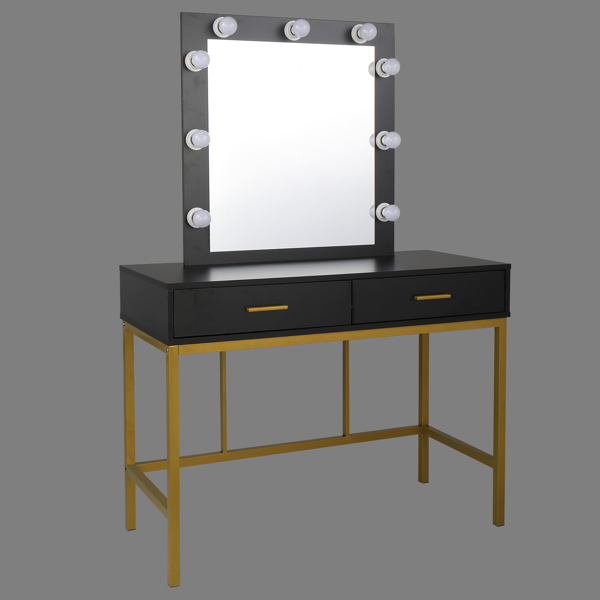 梳妆桌-铁框架带灯泡两抽单方镜轻奢风- 密度板贴三胺-黑色（不含凳）-13